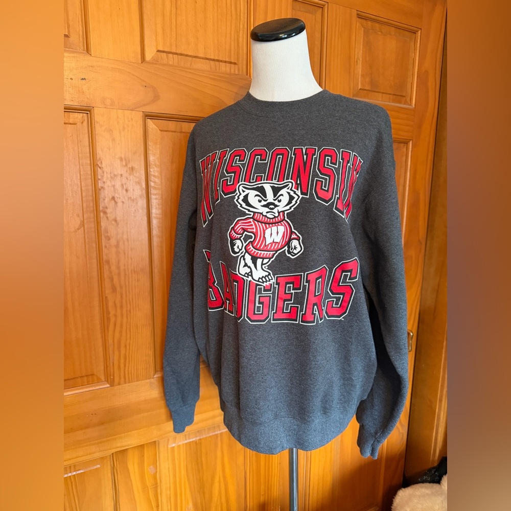 Champion Gray Wisconsin Badgers Crewneck Sweatshirt, Red Logo Featuring Bucky
